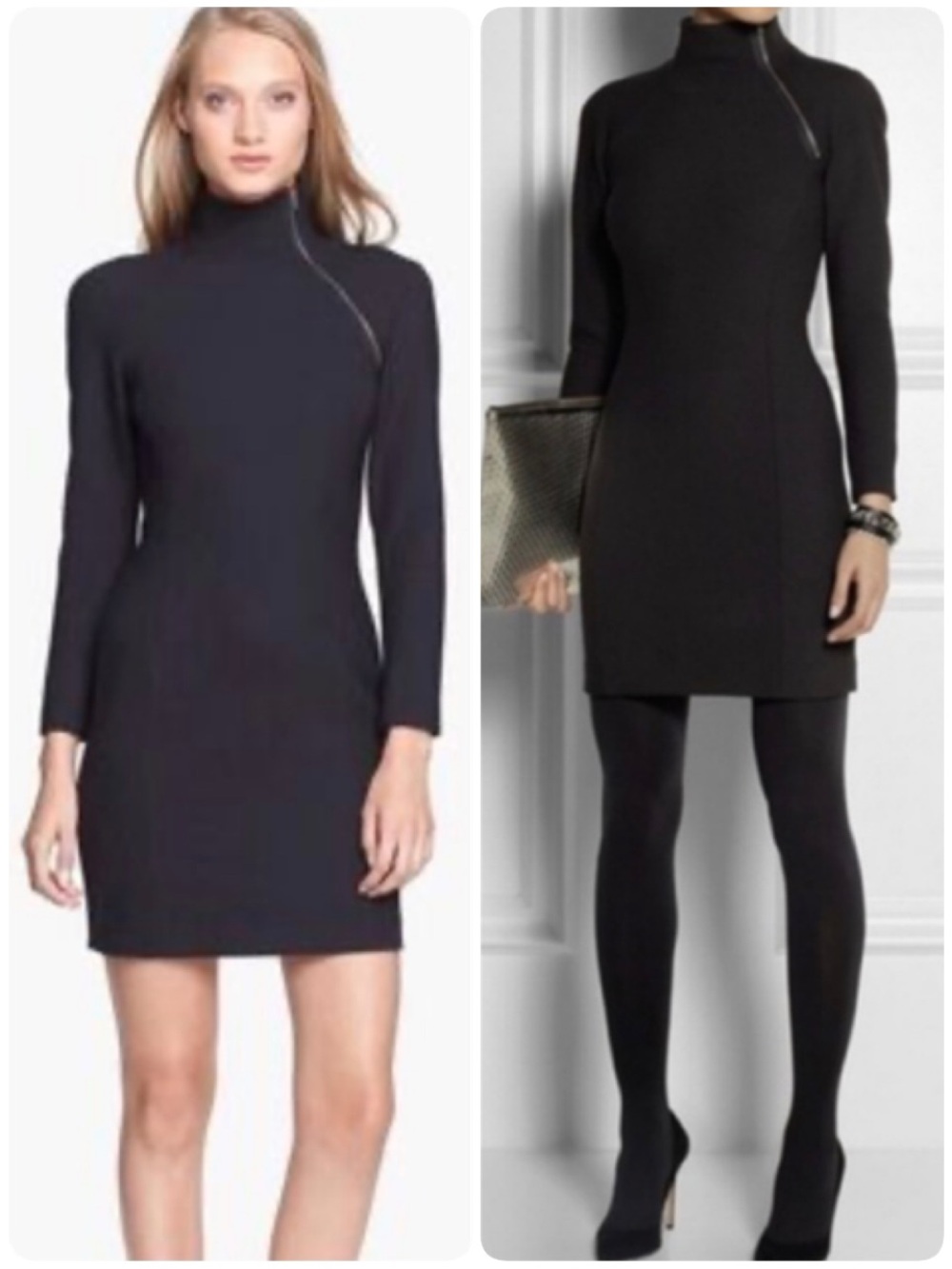 Theory Daniella Black Mini Turtleneck Funnel Neck Bodycon Dress Asymmetrical Zip